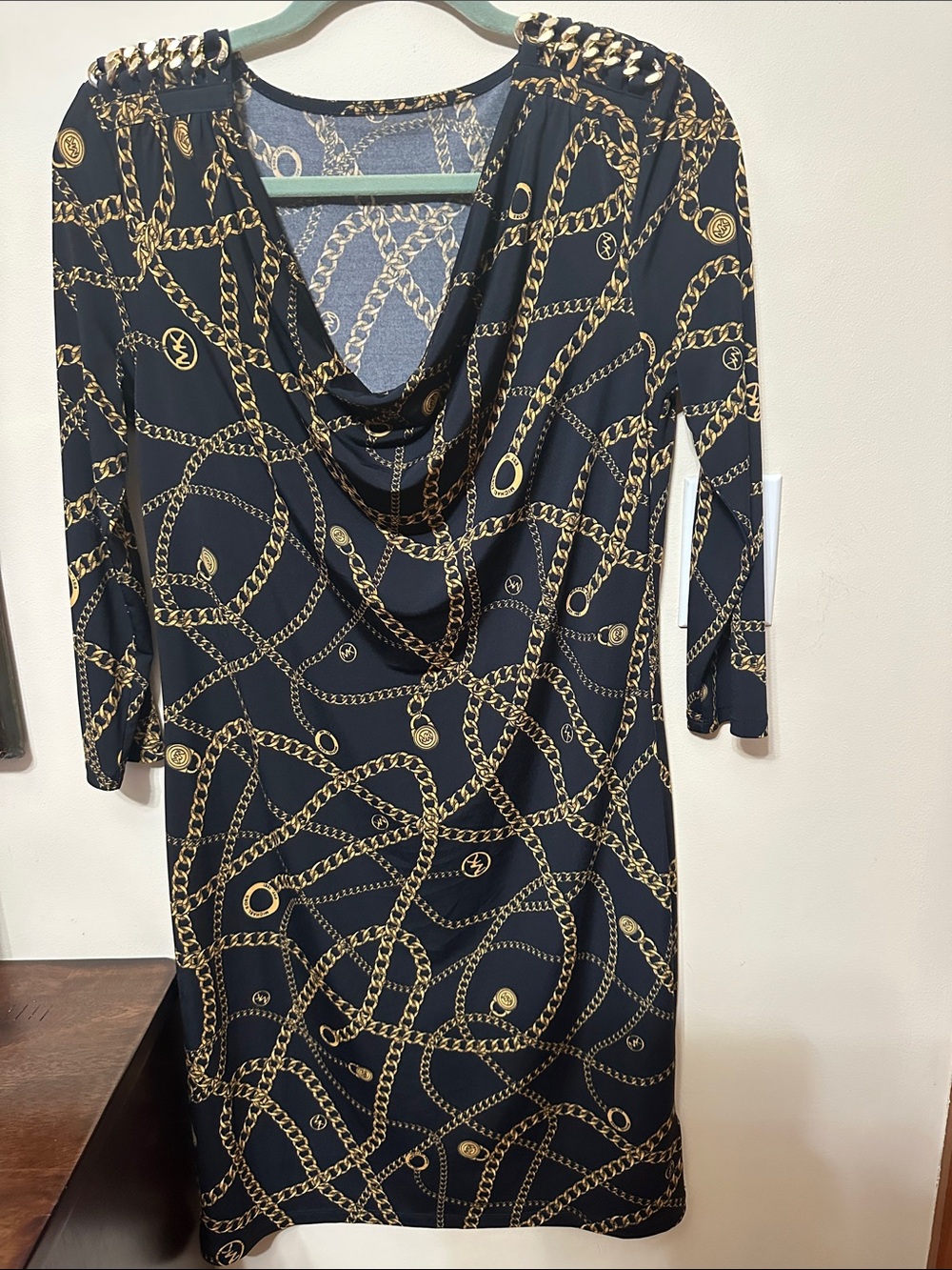 Gold Chain Print Black Cowl Neck Women's Dress Michael Kors